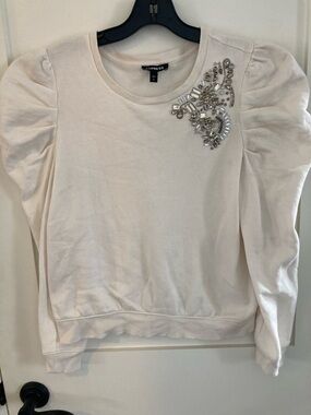 Express Cream Puff-Sleeve Jeweled Sweatshirt